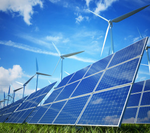 Renewables: solar panels and wind turbines