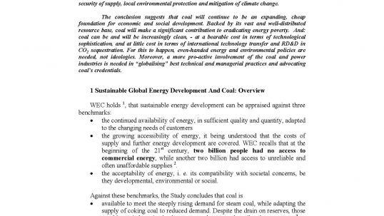 Sustainable Global Energy Development: The Case for Coal